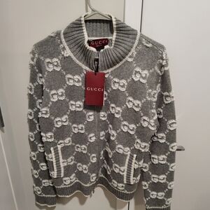 Gucci Gray and White Zip Up Sweater with Ribbed Collar